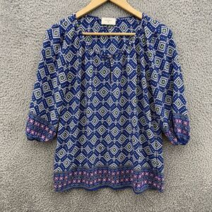 Everly Top Womens S Blue Tunic Blouse 3/4 Sleeve Geometric‎ Lightweight V-Neck